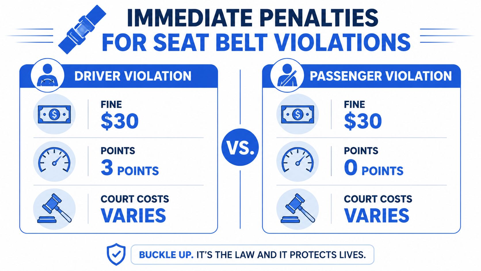 An infographic comparing the immediate legal penalties for driver versus passenger seat belt violations.