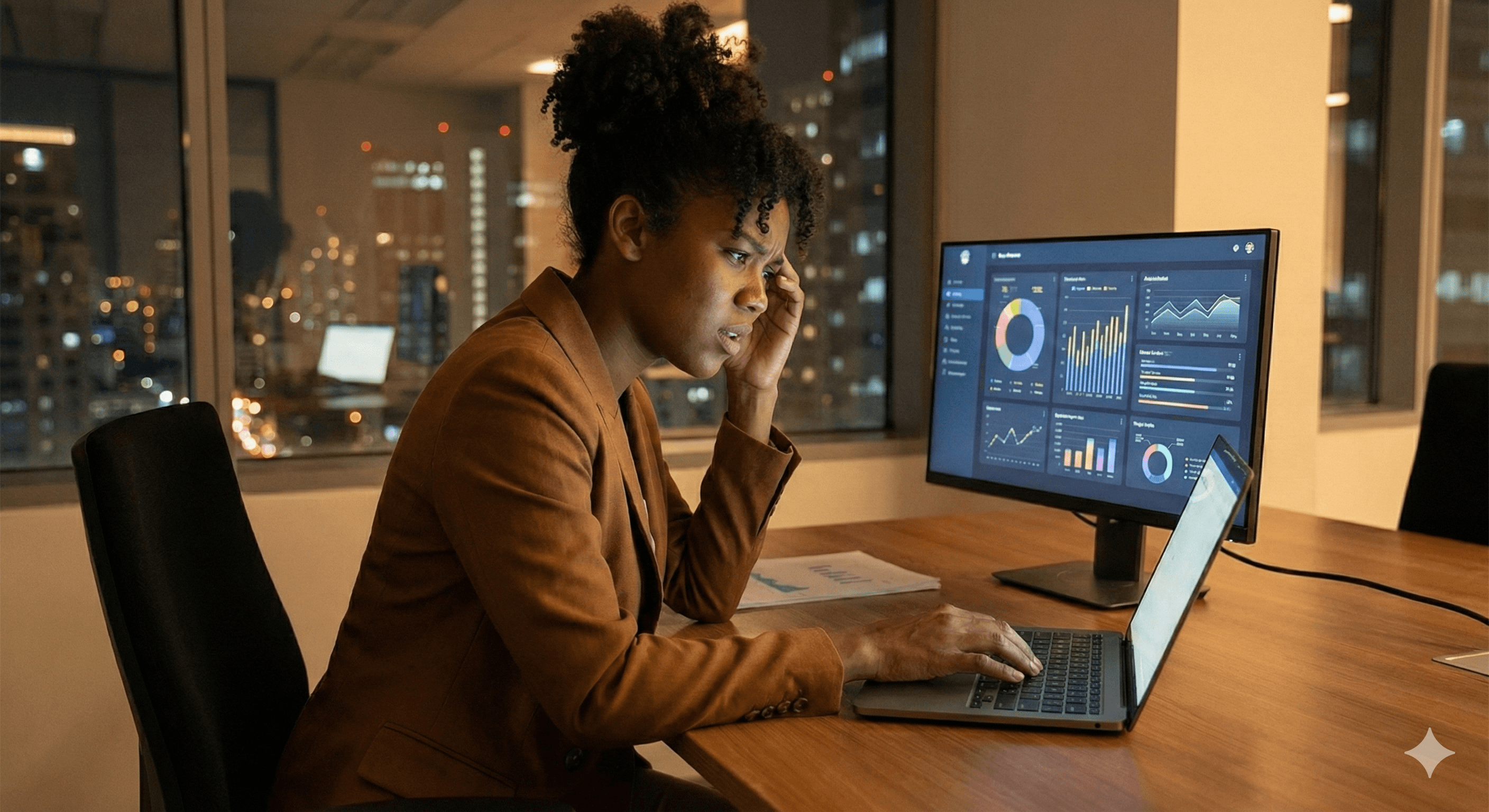 Decision intelligence AI: woman analyzes market, customer, financial data.