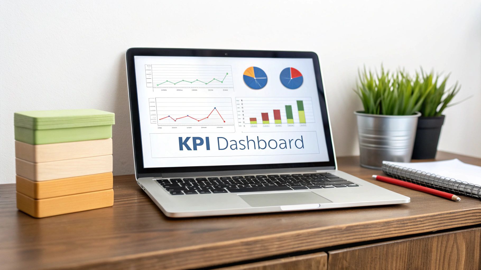 Laptop met een 'KPI Dashboard' op het scherm, omringd door gestapelde dozen, planten en kantoorbenodigdheden op een houten bureau.