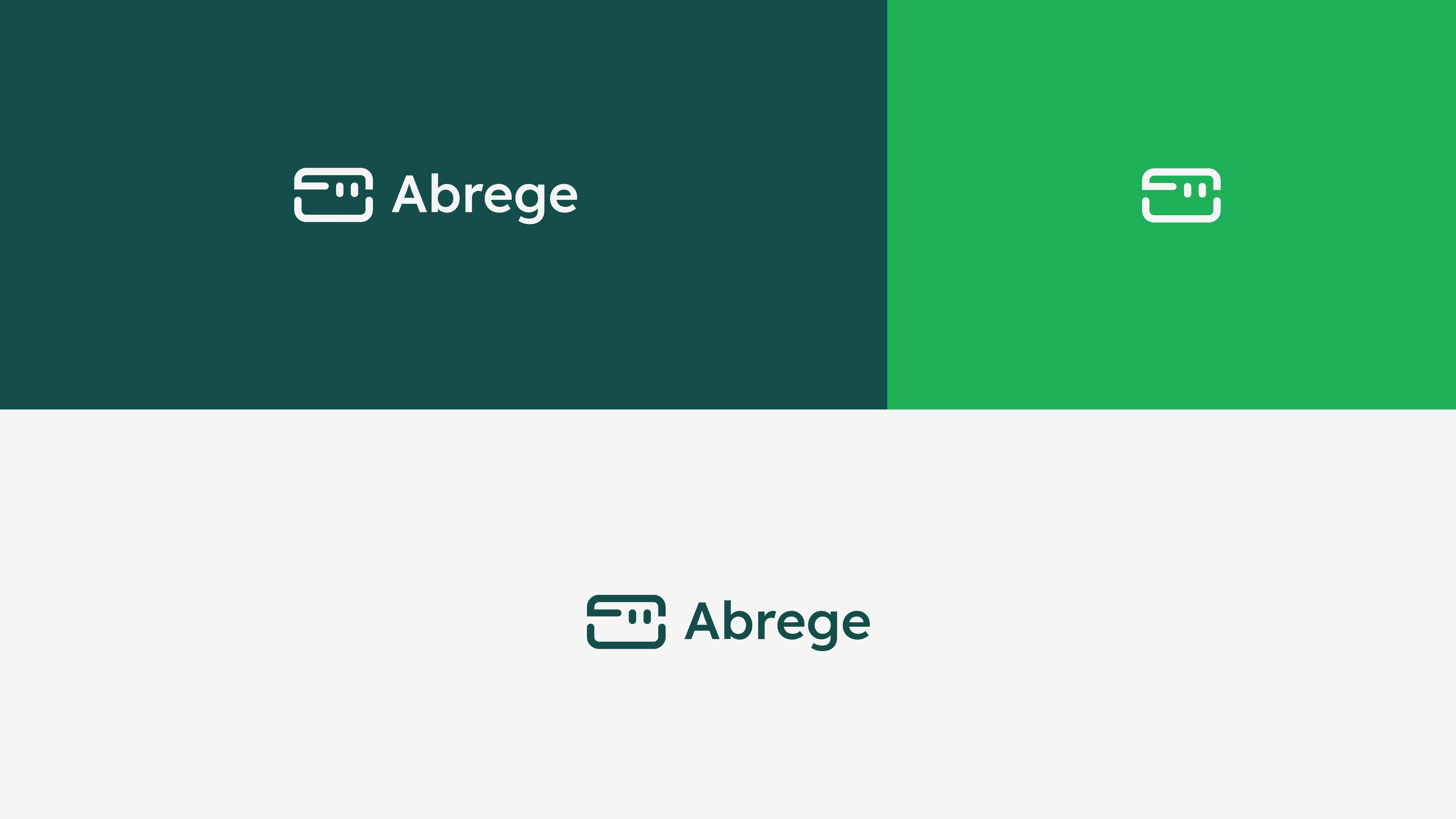 Le logo de l'entreprise Abrege décliné en trois couleurs, vert foncé, vert clair, et blanc