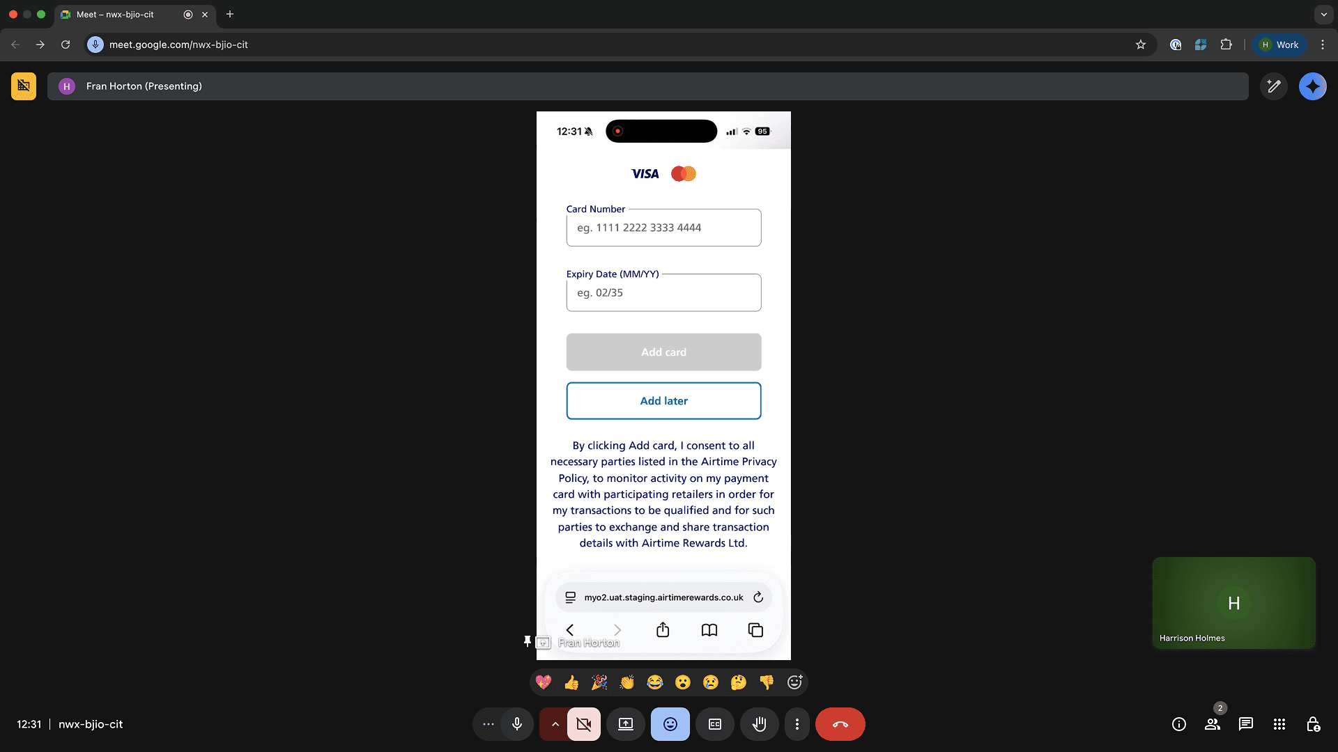 Google Meet screenshot showing a mobile card entry form being presented during a remote review.
