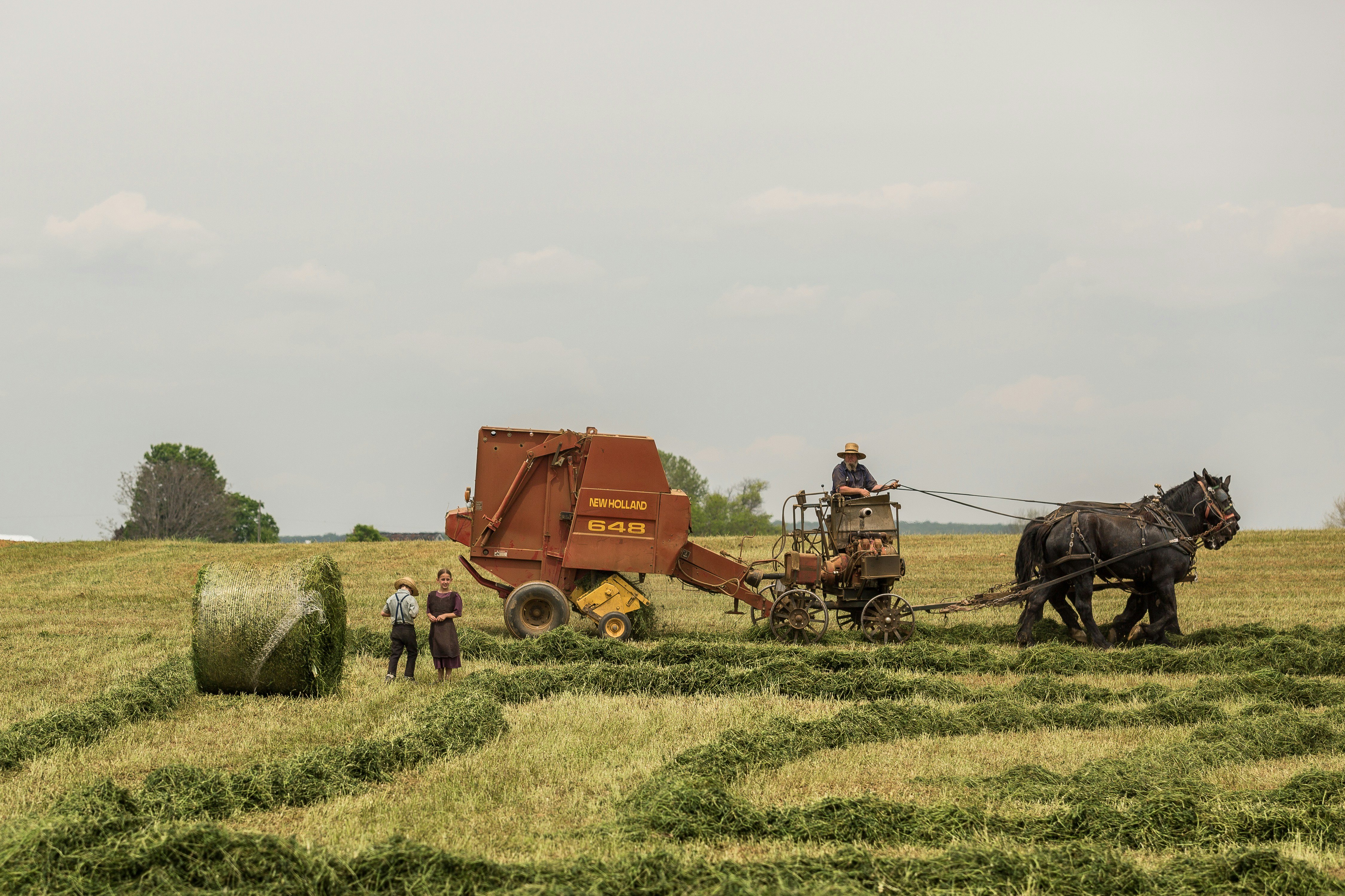 A tractor working on a small farm with wooden structures and trees in the background.