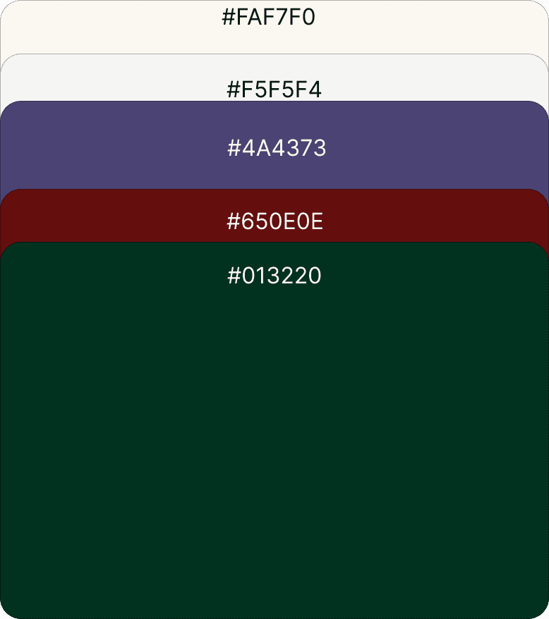 "Baagh pet care brand color palette with hex codes: #FAF7F0 (cream), #F5F5F4 (off-white), #4A4373 (deep purple), #650E0E (rich burgundy), and #013220 (dark forest green), creating a luxurious and earthy aesthetic."