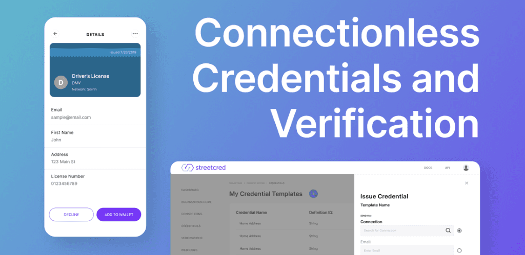 Mobile driver's license interface displaying connectionless credentials and verification workflow on Streetcred platform