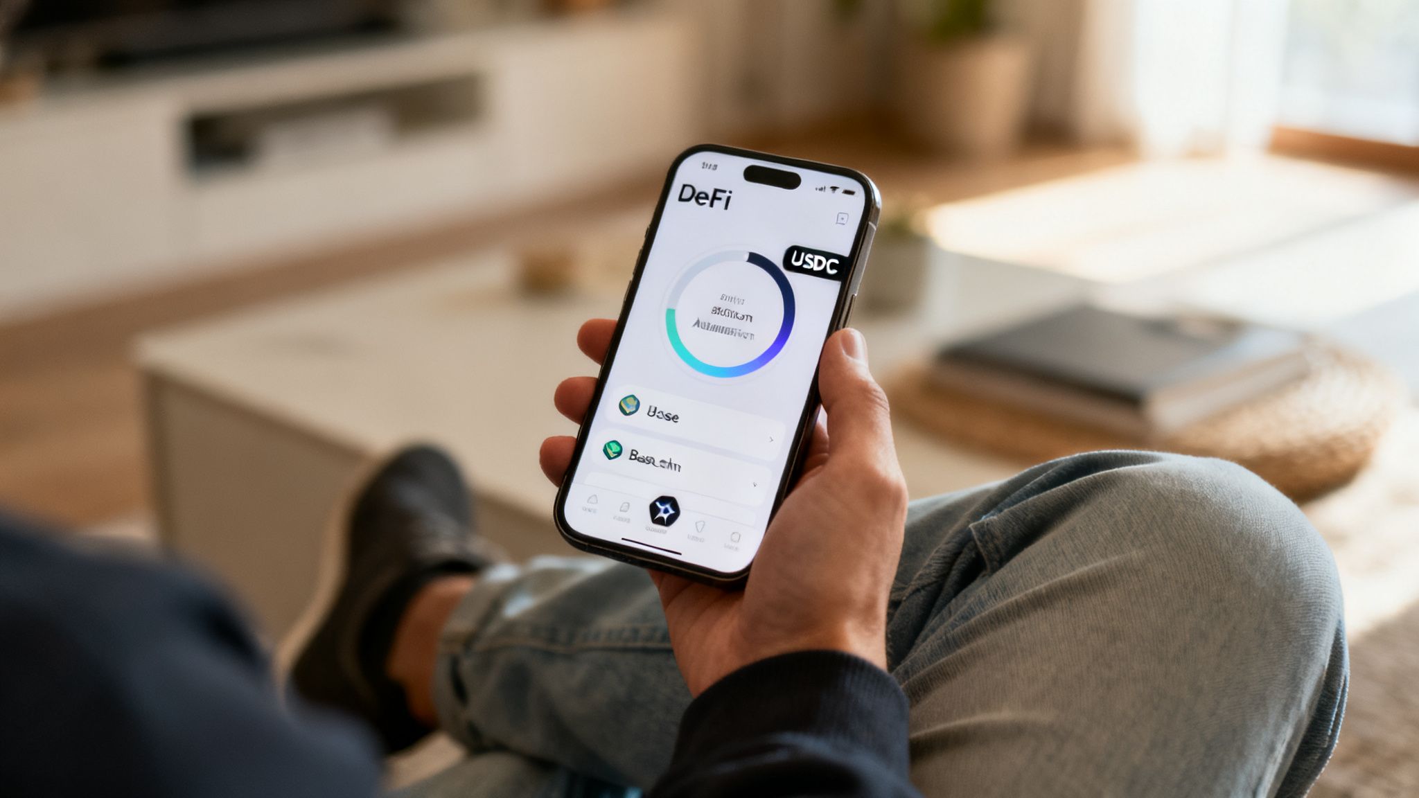 A person holds a smartphone displaying a DeFi app with cryptocurrency information in a modern living room.