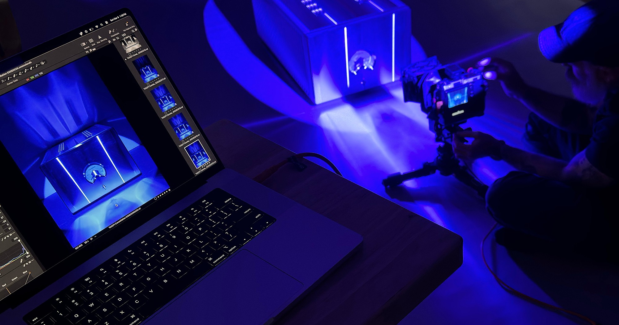 A behind the scenes photo from a product photoshoot by October Custom Publishing for The Absolute Sound magazine