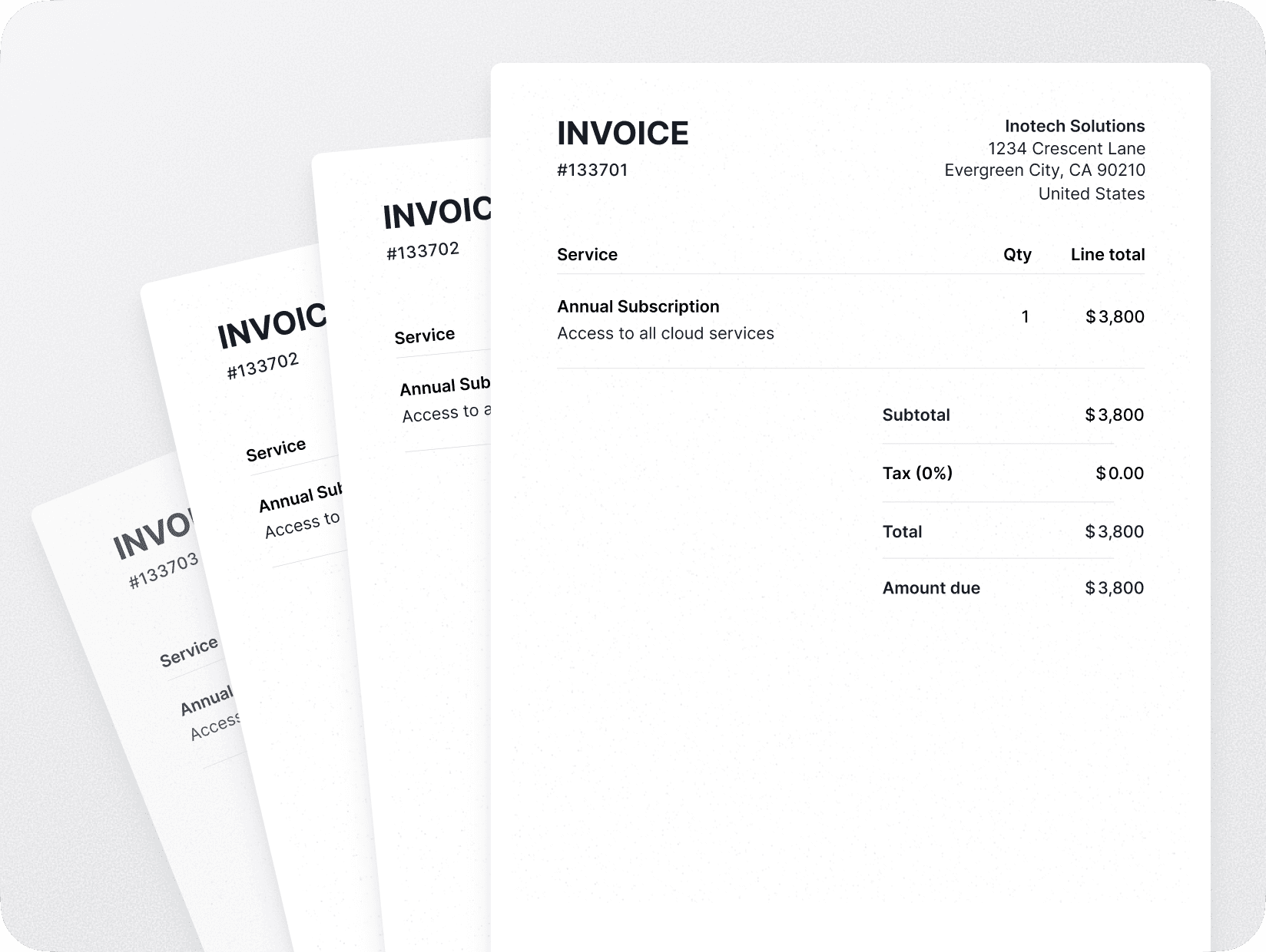 Stack of invoices displaying an annual subscription for cloud services totaling $3,800, issued by Inotech Solutions.