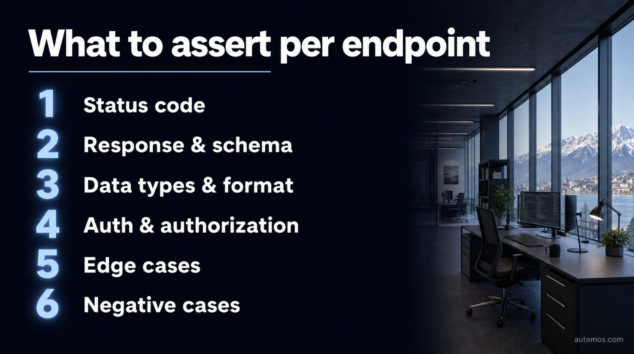 Numbered checklist of six assertion layers per endpoint.