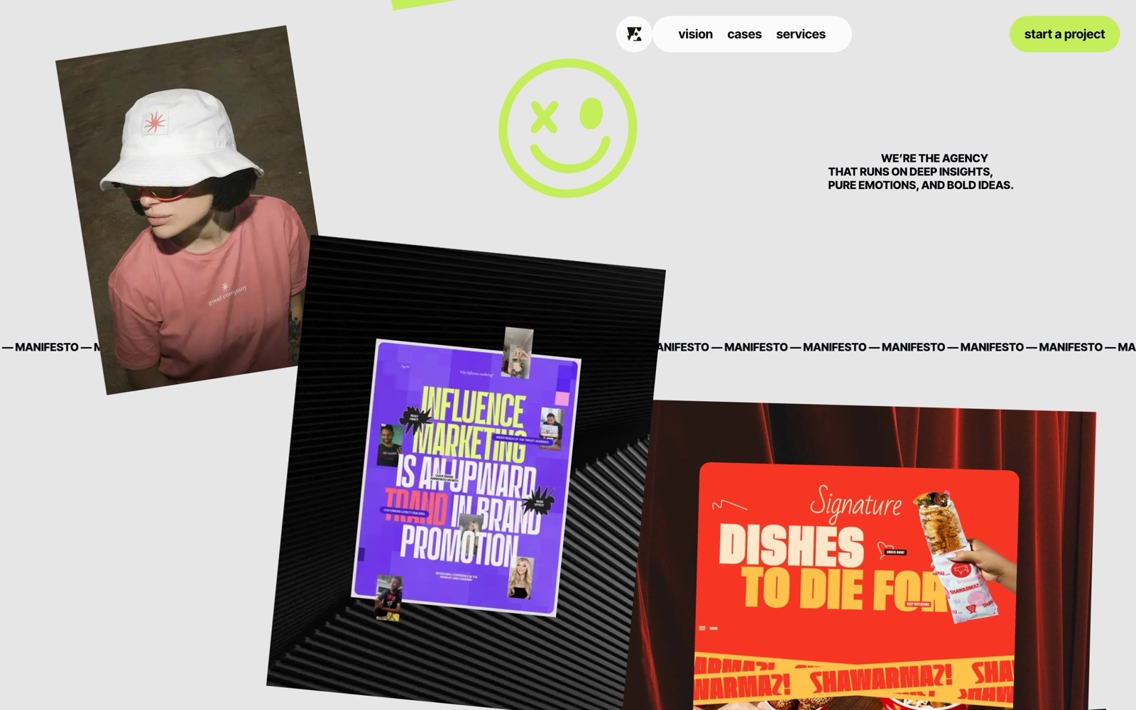 Collage with a person in pink, a purple poster on influence marketing, and a red poster on signature dishes. Green smiley at top.