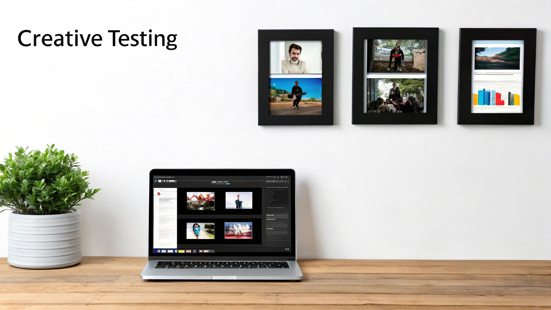 A laptop on a wooden desk, potted plant, and framed images on a wall with 'Creative Testing' text.
