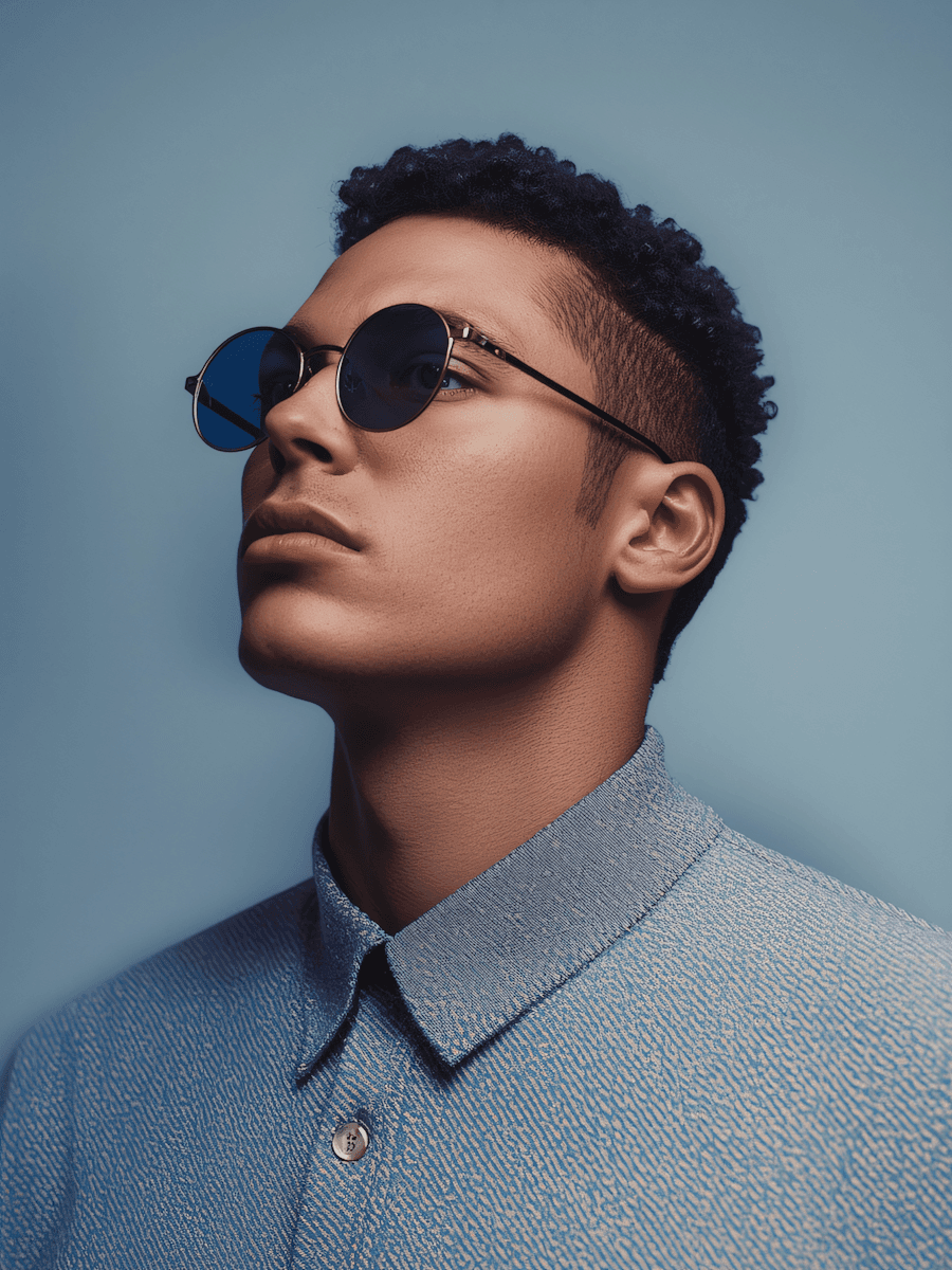 A person in a blueish dress wearing the sunglasses