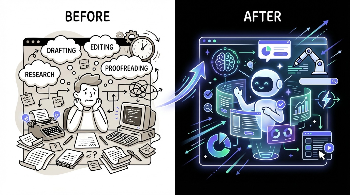 An infographic titled 'Before and After: Content Creation Workflow.' The left half, labeled 'BEFORE,' shows a cluttered desk with papers, a typewriter, and a stressed person, representing manual, traditional content creation. The right half, labeled 'AFTER,' displays a clean, futuristic digital workspace with glowing screens, AI icons, and a calm, efficient figure, symbolizing AI-powered, automated content creation. A dynamic arrow points from 'BEFORE' to 'AFTER,' indicating the transformation.