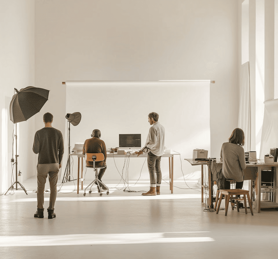 Film shoot against white backdrop