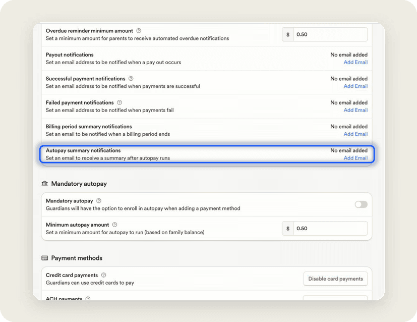 Playground billing settings with Autopay summary notifications highlighted