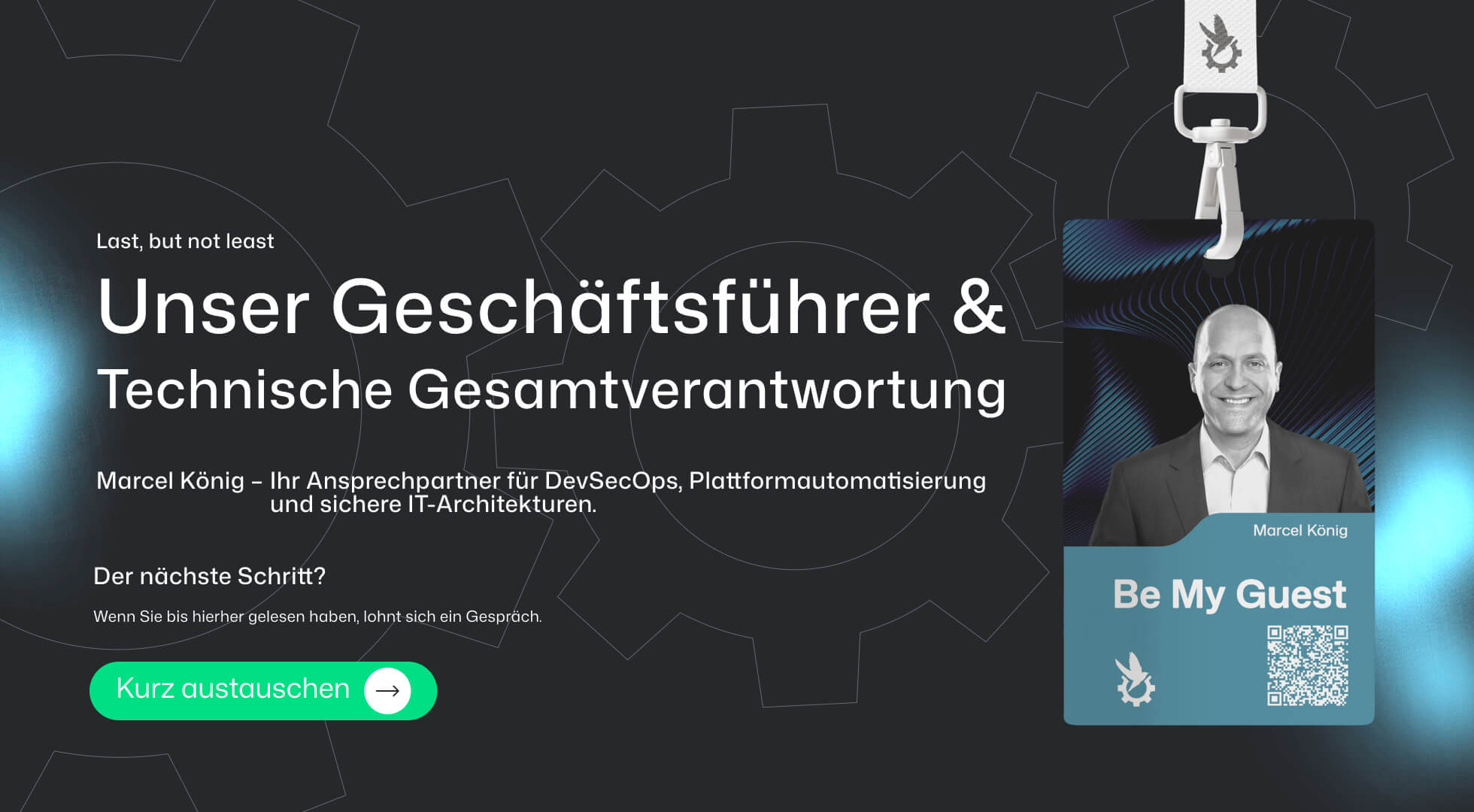 Präsentation des Geschäftsführers von lennlay mit umfassender technischer Verantwortung für sichere Plattformarchitekturen, DevSecOps und Automatisierung als zentraler Ansprechpartner für regulierte Unternehmensumgebungen, einschließlich einer Einladung zum direkten Austausch