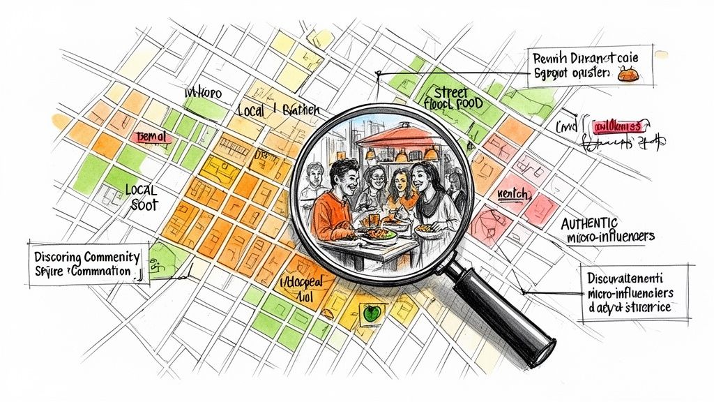 A hand-drawn illustration showing a magnifying glass over a street food scene on a city map.