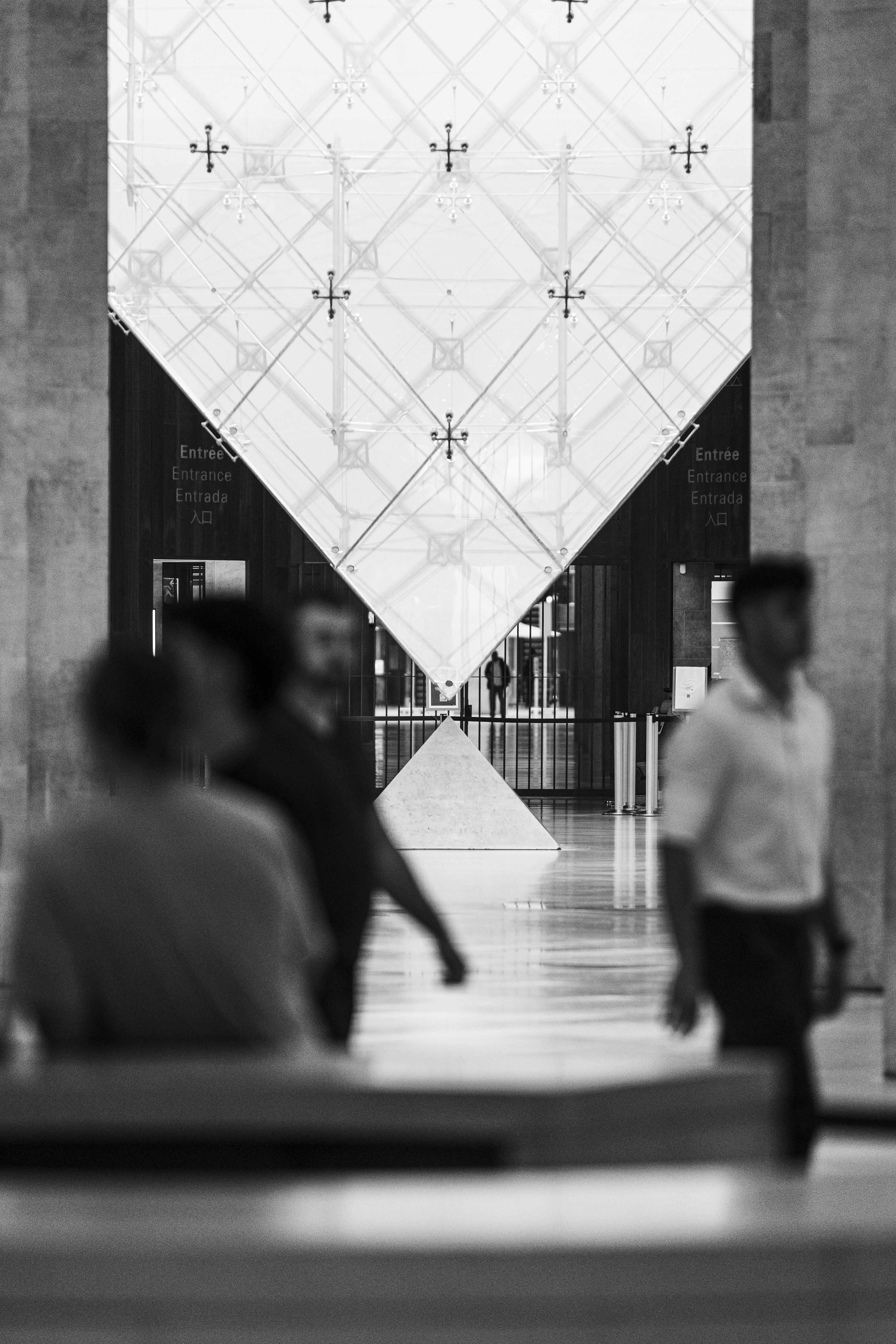 Sunlit minimalist hallway with staircase, wooden bench, plants.