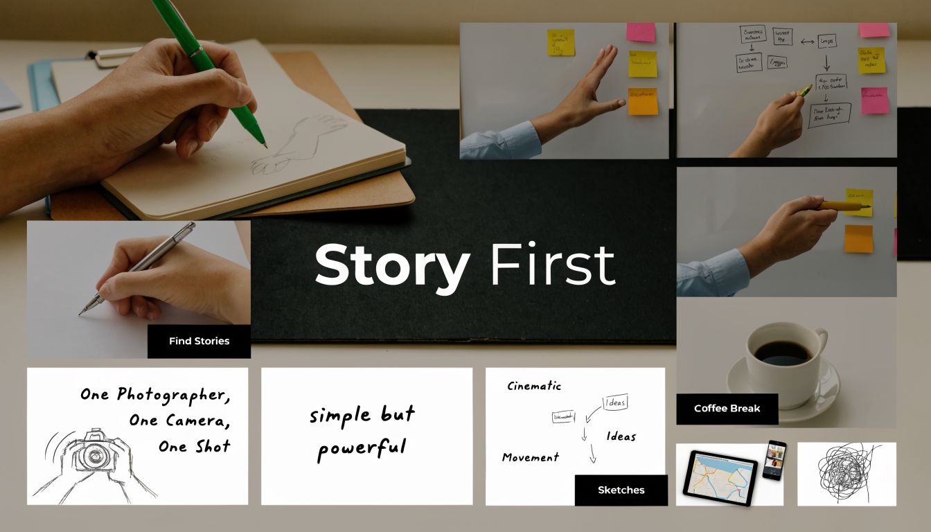 A collage showing someone planning a video production with sketches, notes, coffee, and storyboarding techniques.