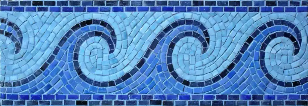Breaking Wave mosaic border, Blue on cobalt, hand-cut — reference H-05, Mosaiclegs Art Studio