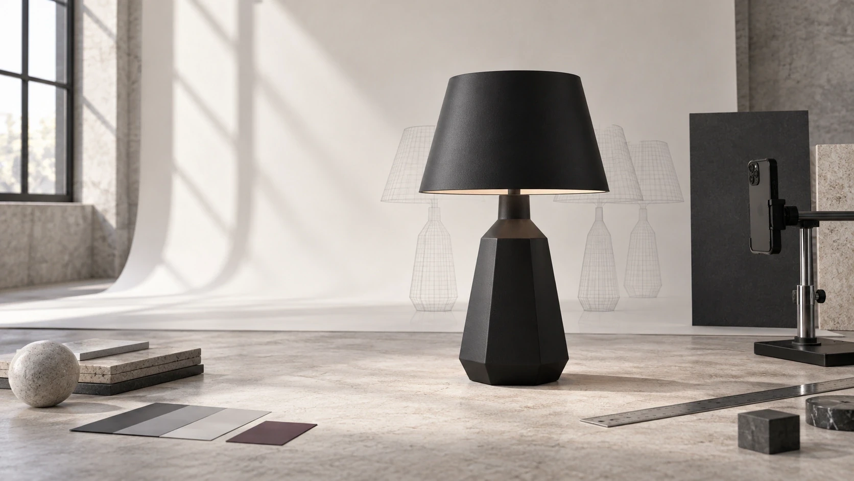 Matte black faceted table lamp on a pale stone studio table beside a ruler, calibration cards, and a phone scanning rig