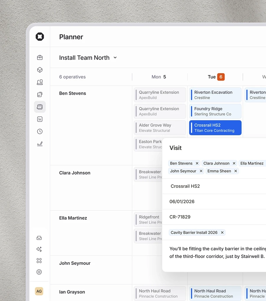 In dark mode, the Onetrace Planner highlighting which operatives are due to which site, and when, on a highlighted day.