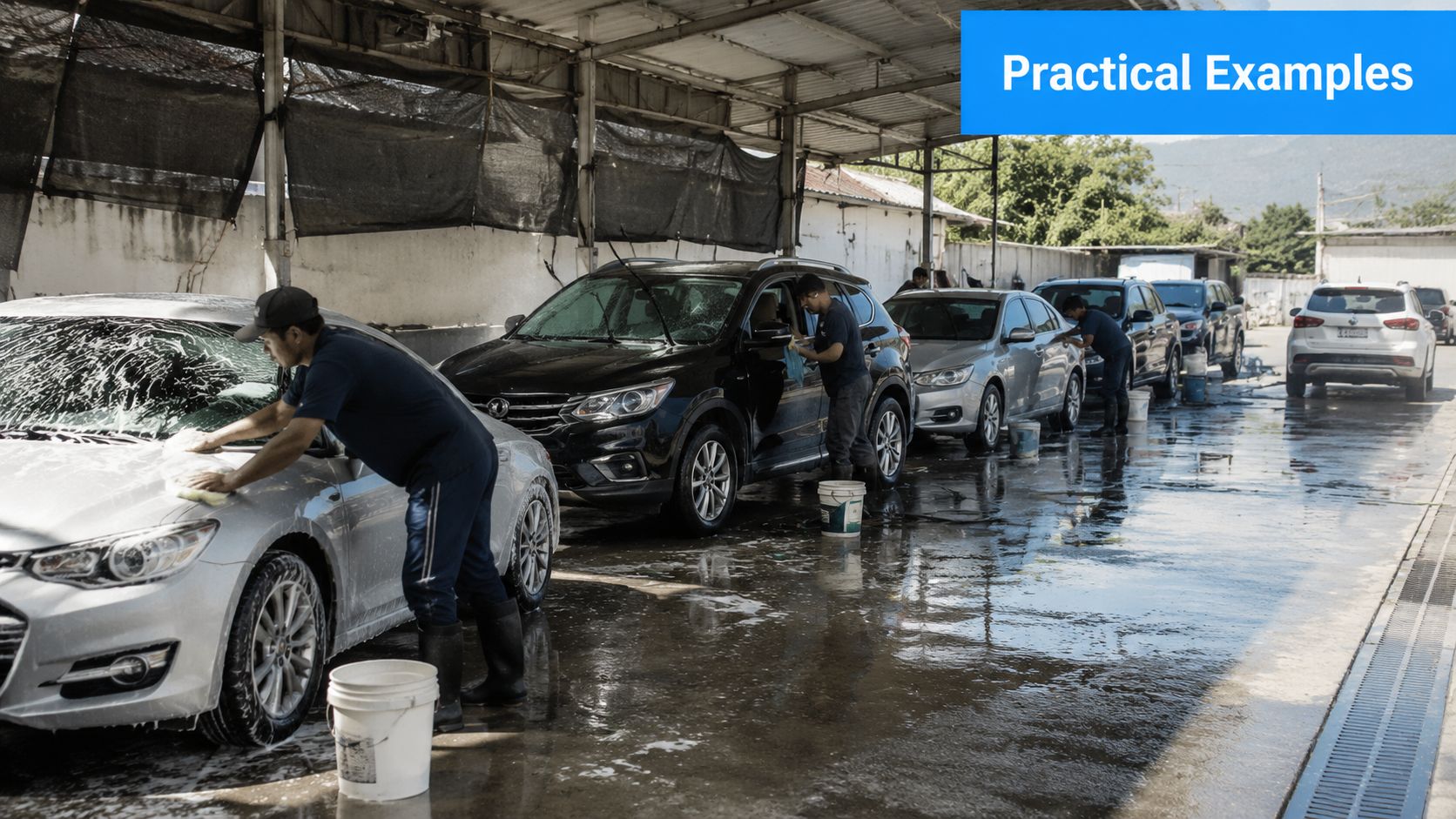 Trabajadores limpiando varios coches con agua y jabón en un centro de lavado de automóviles profesional.