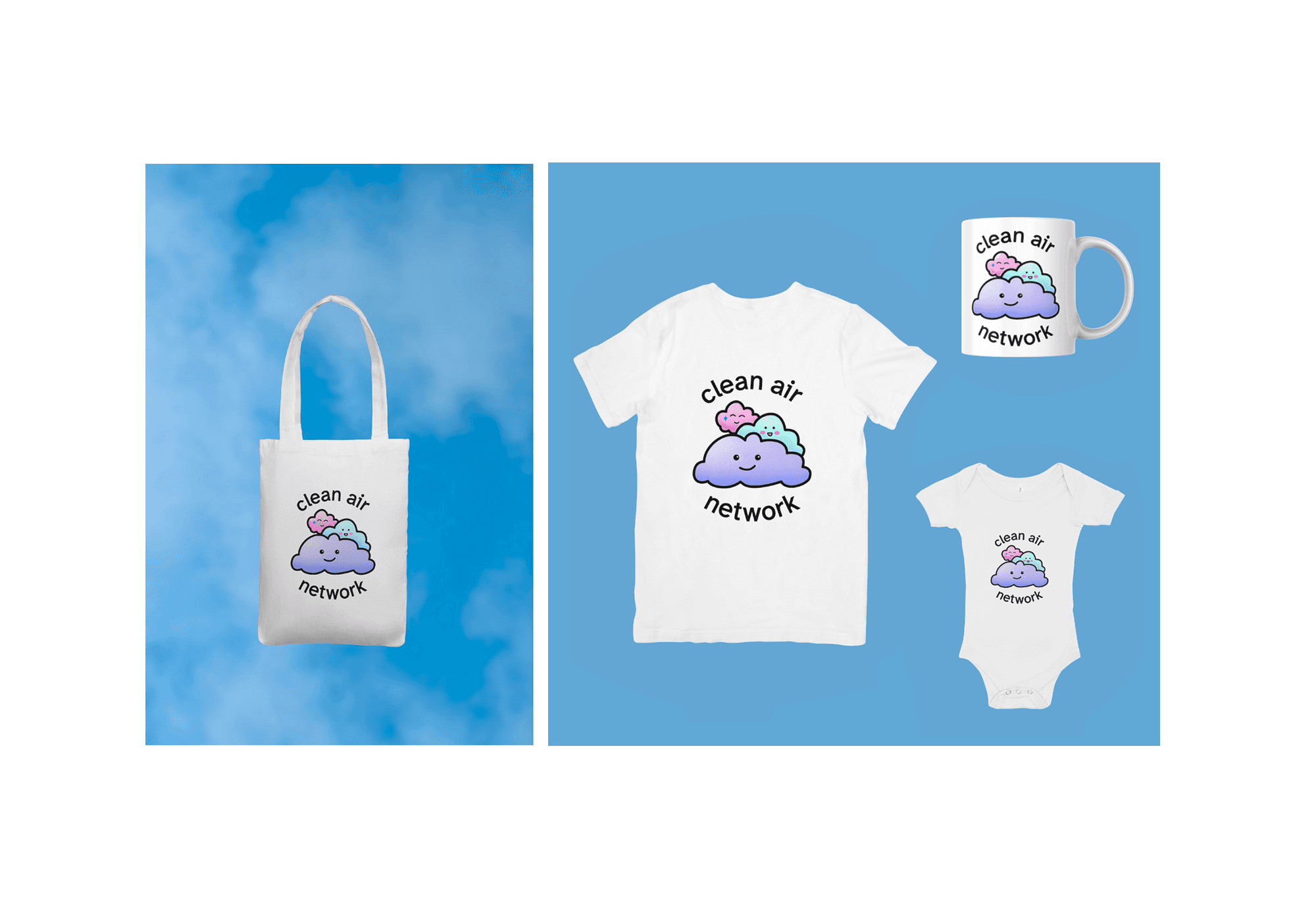 The Clean Air Network logo displayed on merchandise, including a tote bag, a T-shirt, a baby onesie, and a mug.
