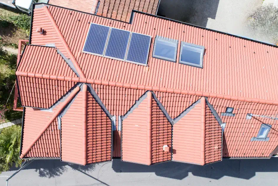 aerial photo of a completed home roof project