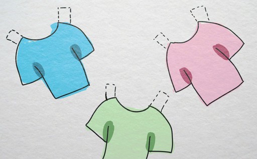 Three t-shirts side by side, each showing visible sweat stains under the arms.