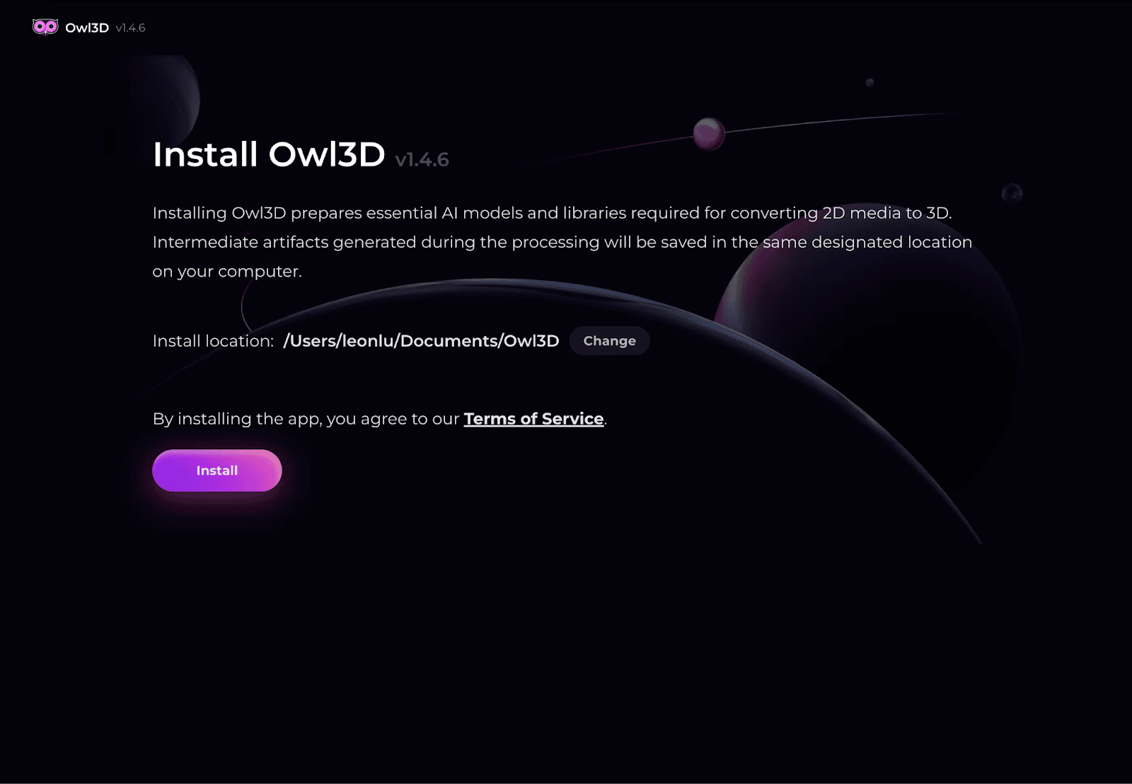 Installing Owl3D, the 3D video converter.
