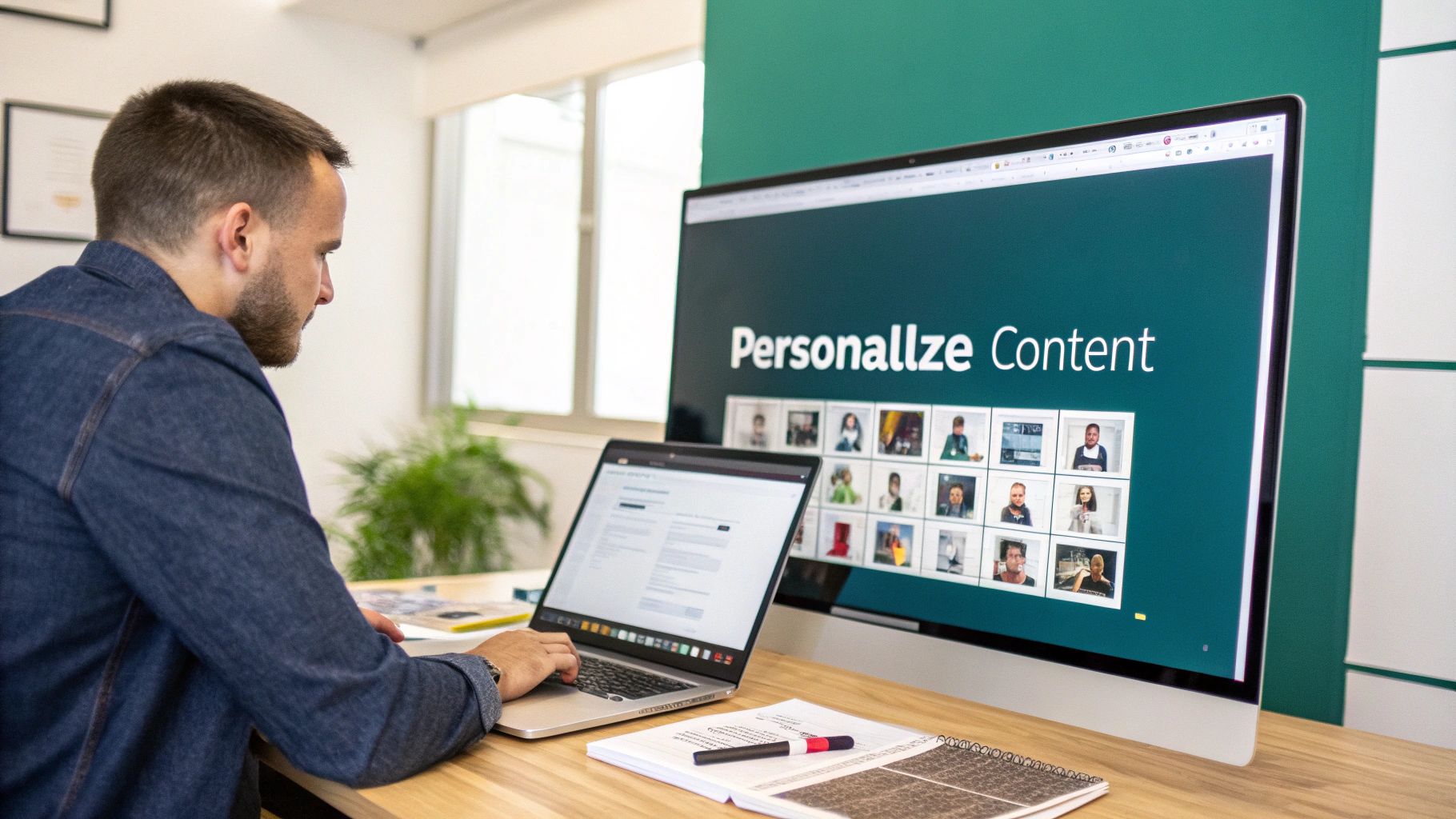 A man works on a laptop at a desk, with a large monitor displaying 'Personalize Content' and user images.