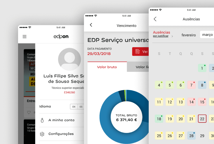 Three screens from the EDP on employee app showing profile page, payslip with gross salary donut chart, and absence management calendar with colour-coded indicators.