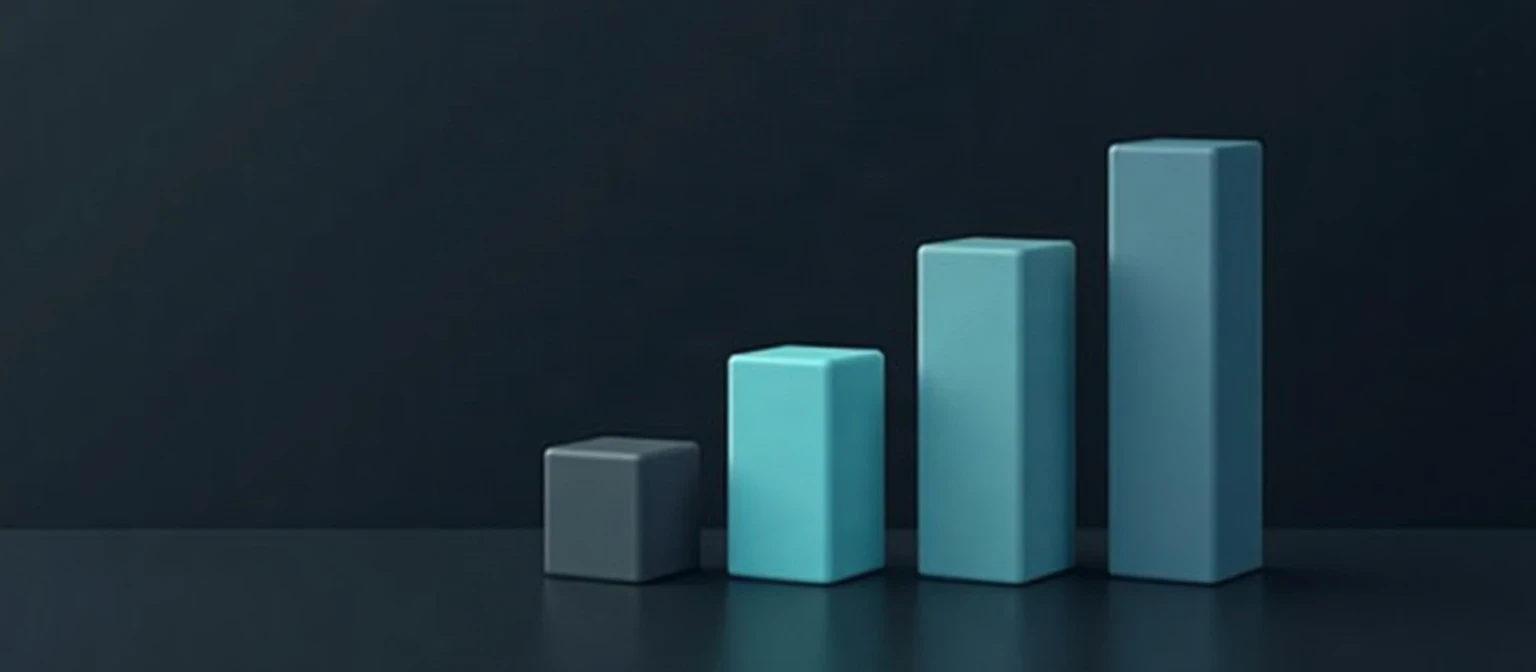 A row of blocks rising in height from dim grey to bright teal-cyan, representing a staged 30/60/90 day rollout of an AI SDR, where review discipline and data quality are proven before volume scales.