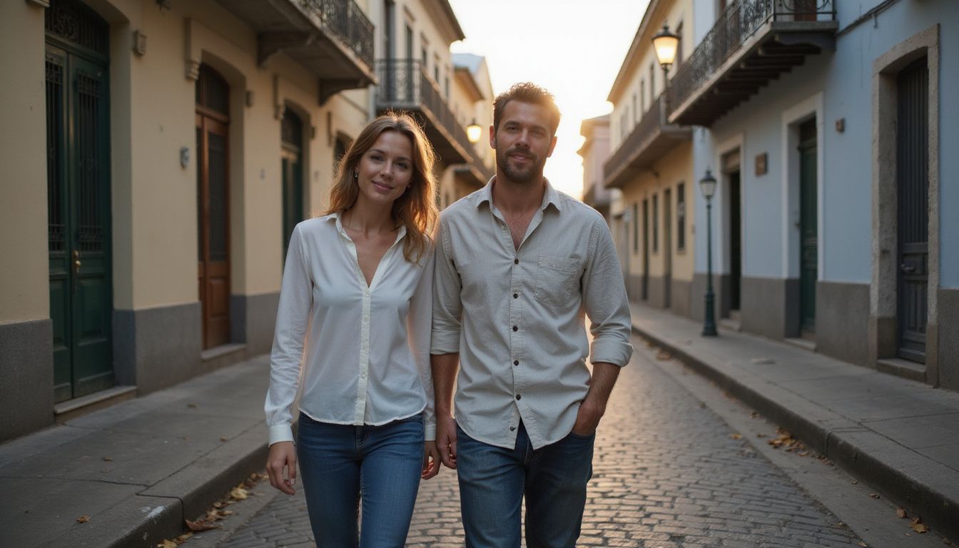 A woman and man stroll peacefully along a quiet cobblestone street in Leblon, surrounded by charming pastel buildings.