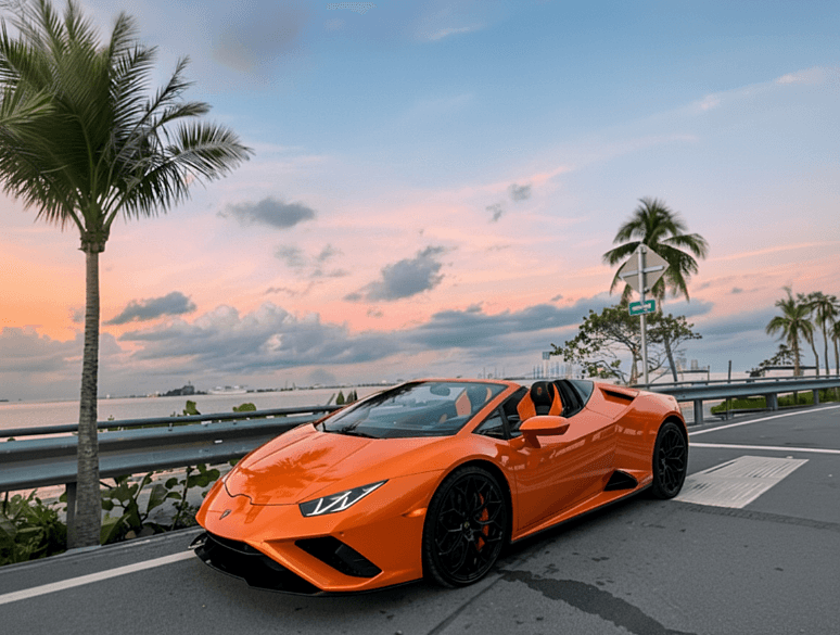 Image of a Lamborghini by a sunset