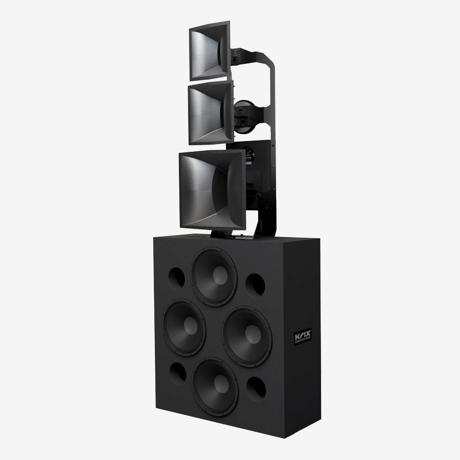 Black speaker system with multiple horn drivers and woofers.