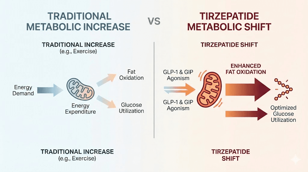 Tirzepatide metabolic mechanism comparison showing fat oxidation versus metabolic rate increase