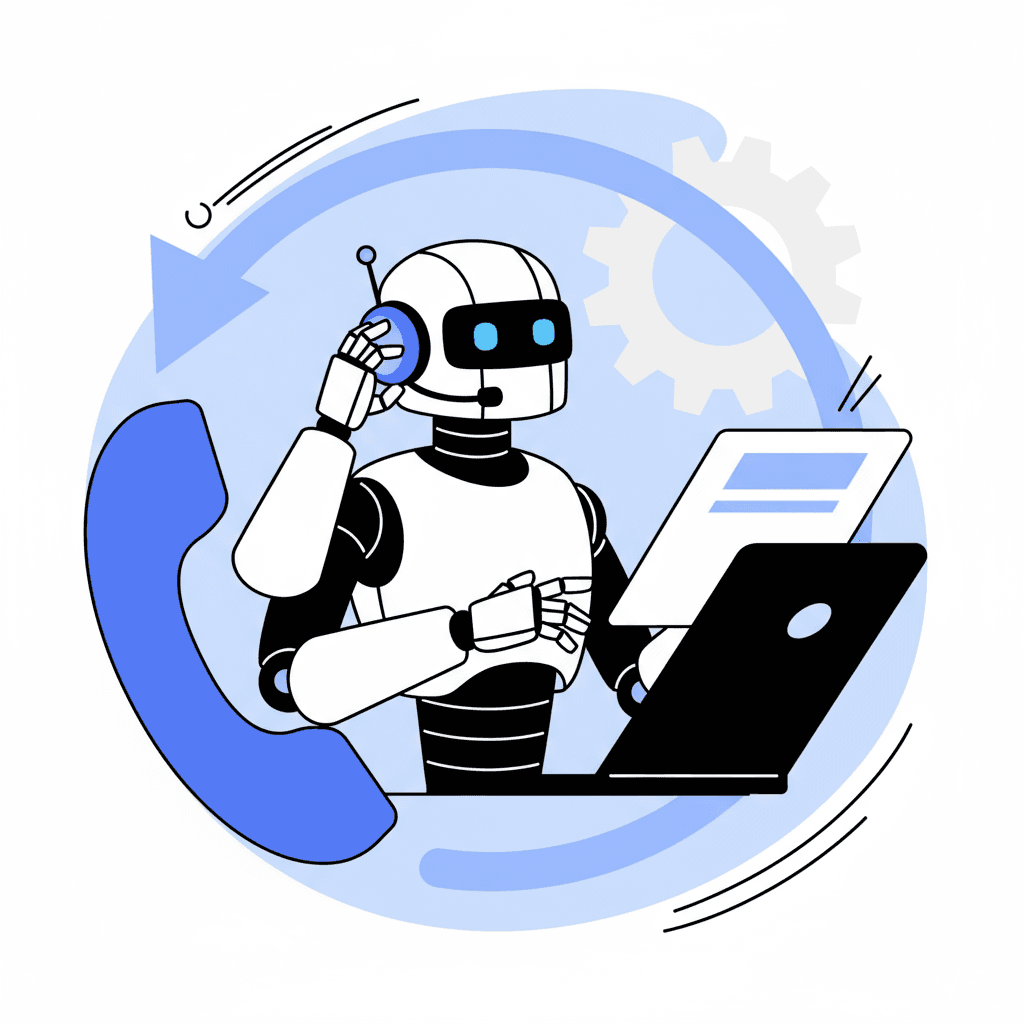 Robot next to a laptop illustrating the Auto-Attendant feature.