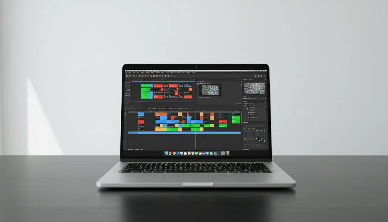 DSLR photograph, eye-level shot of a silver MacBook Pro on a sleek black desk against a plain white wall. The screen is brightly illuminated, displaying the dark mode interface of Adobe Premiere Pro video editing software. The UI features a complex video timeline with colorful placeholder clips, various tool panels, and two video preview windows. The scene is lit with bright, even natural daylight, creating a clean, professional aesthetic with sharp focus on the laptop screen.