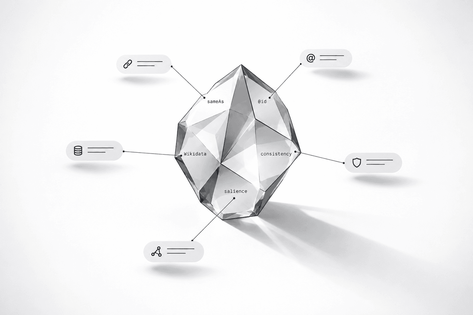 A single large faceted crystal prism rests on a white surface under raking light from the upper left, each angular facet highlighted in soft grey and coal-black outline. Fine dark lines radiate from the gem's tips to small rounded pale-grey nodes floating in negative space around it, connected by hair-thin black lines.