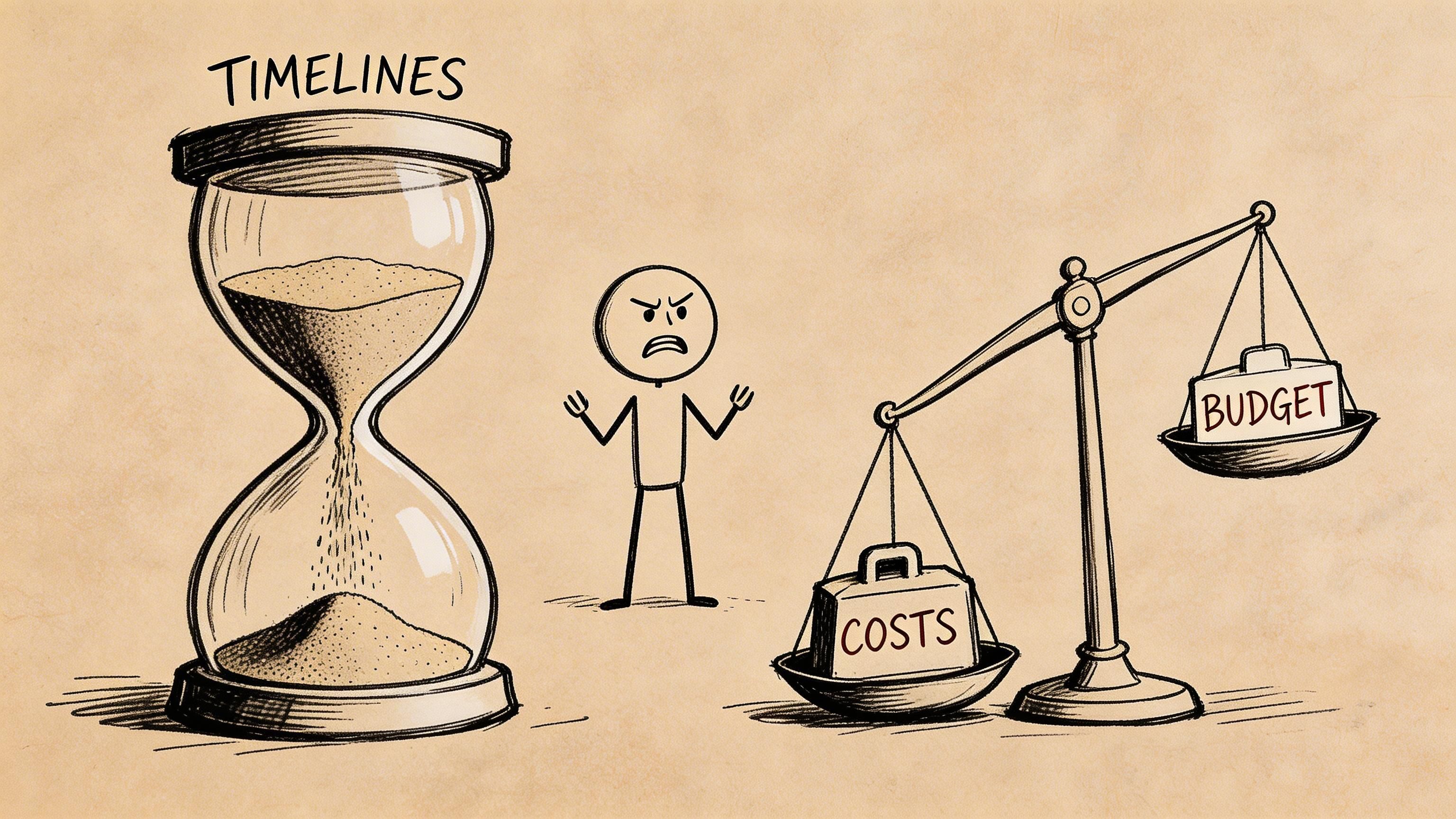 A hand-drawn illustration depicting a frustrated stick figure standing between a hourglass and an unbalanced scale.