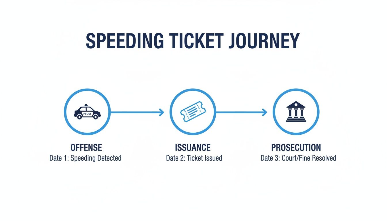 Infographic outlining the three-step speeding ticket journey: offense, issuance, and prosecution process.