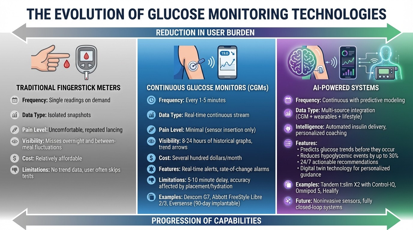 Evolution of Glucose Monitoring Technologies: Traditional vs CGM vs AI-Powered Systems