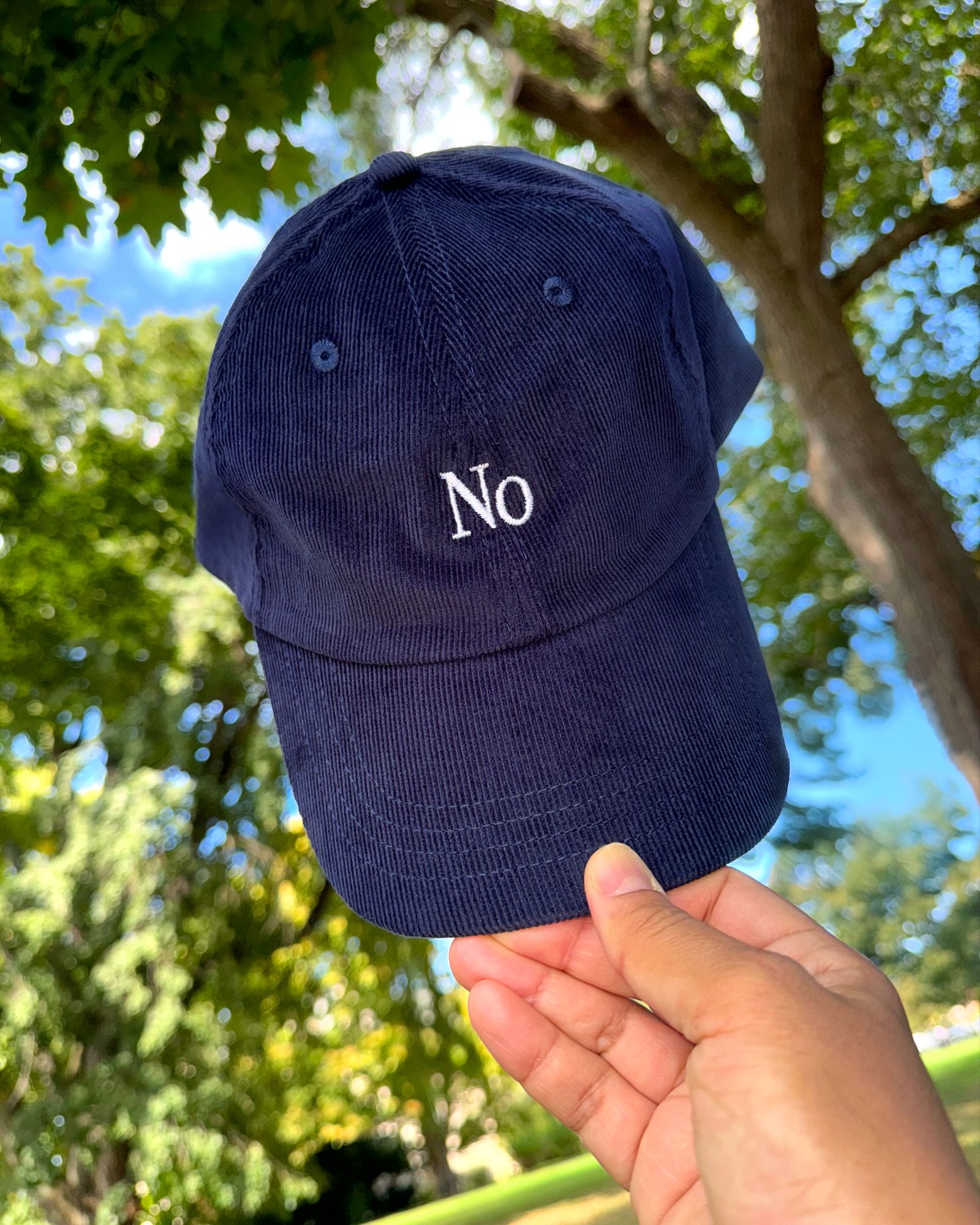 Noble's navy No cap held against the sky.