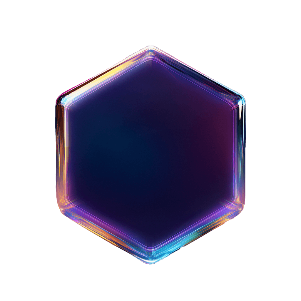 A glowing, multi-colored hexagonal gem with a dark center, reflecting light around its edges.