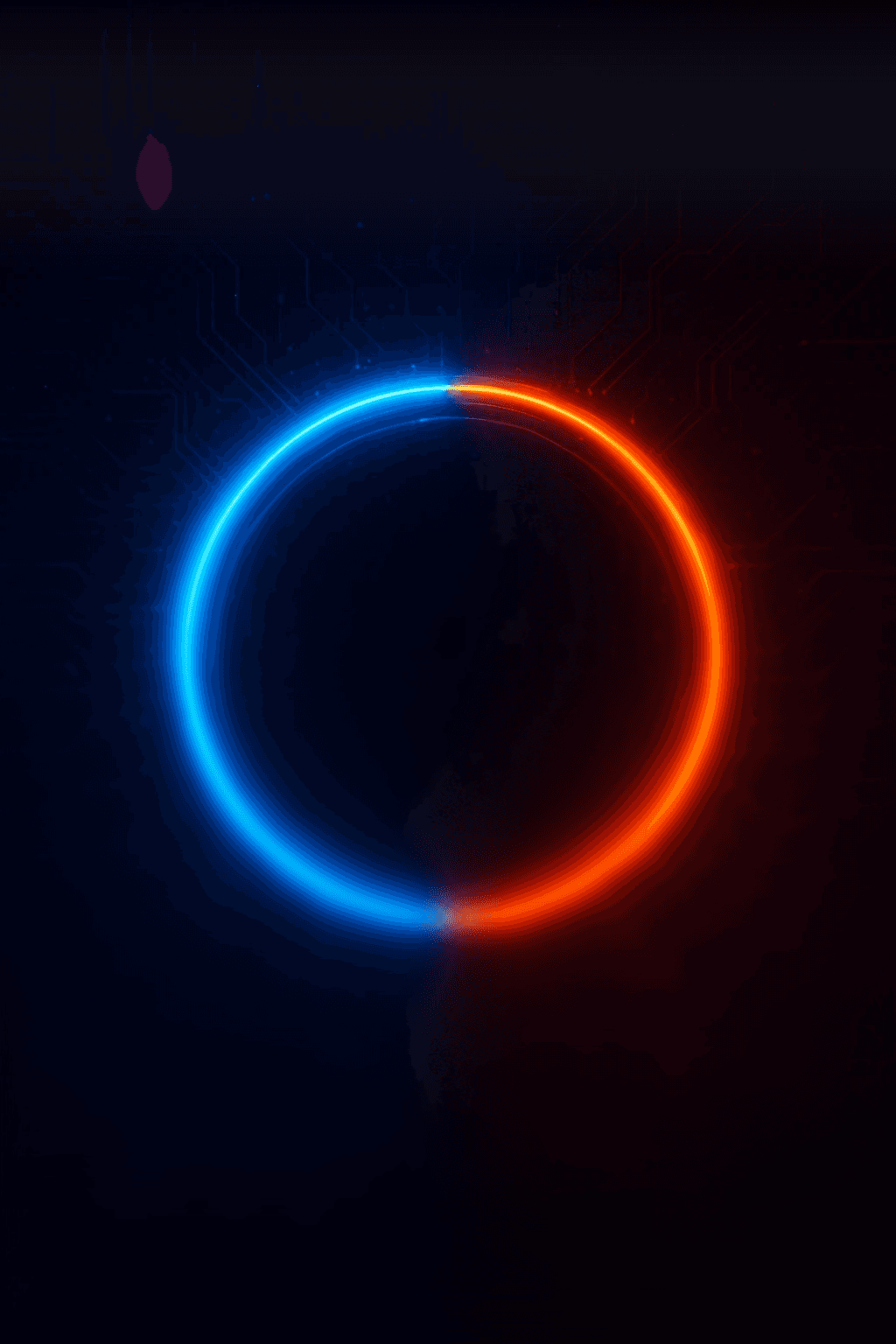 A sleek, minimalist wallpaper features a perfect circle, split evenly with a vibrant blue glow on the left and a fiery orange glow on the right. The background is a dark, almost black, color with subtle, intricate circuit board patterns in a faint blue, suggesting a high-tech, digital theme. The contrast between the cool blue and warm orange creates a striking visual balance.
