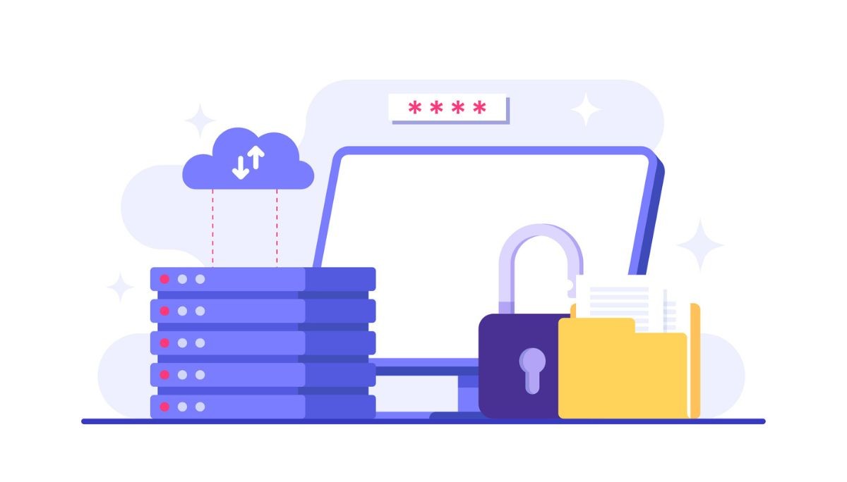 Illustration of a laptop with a password field, cloud icons, server stacks, and an open padlock—representing the concept of data tokenization, secure access, and cloud-based protection of sensitive information.