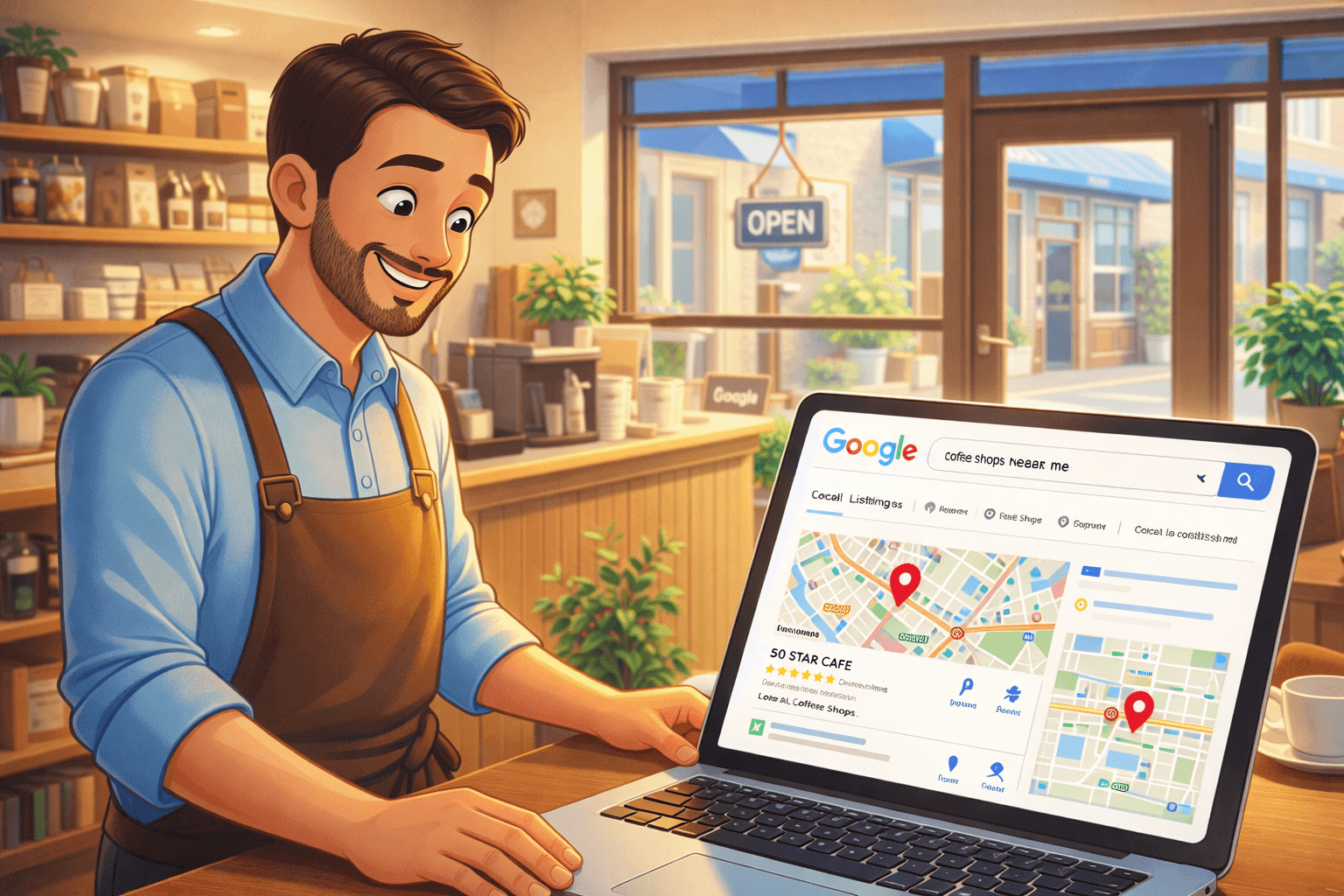 Modern vibrant illustration of a small local business owner inside a welcoming shop, smiling at a laptop showing their business ranking in the top Google local map results, hopeful professional marketing concept.