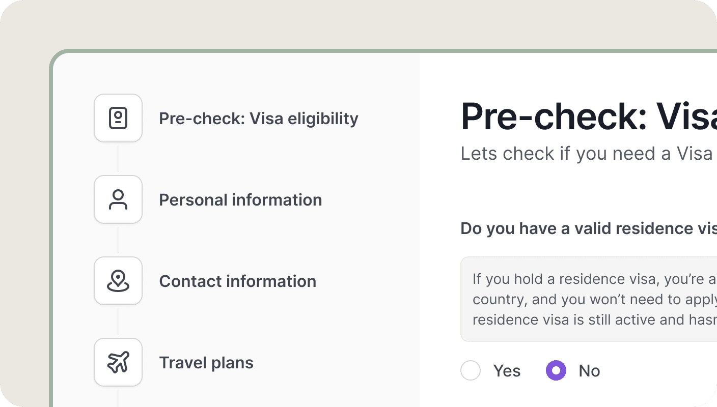 Visa form with step-by-step menu and a clear eligibility pre-check question.