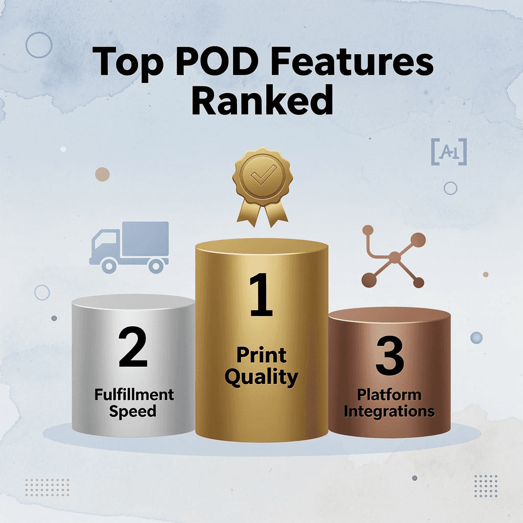 Podium ranking infographic showing top three print-on-demand features